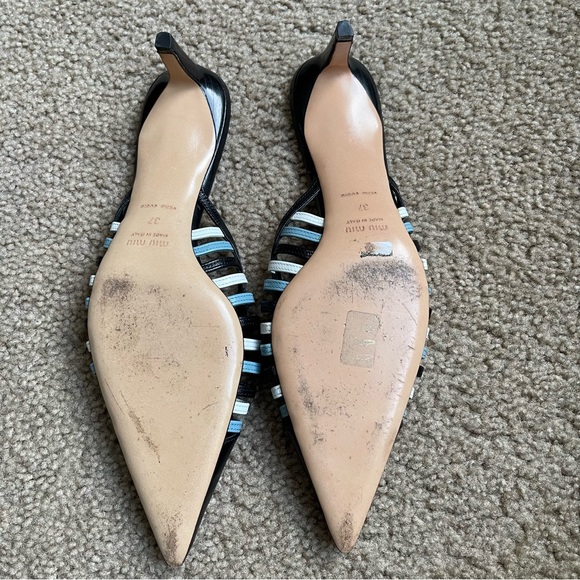 MIU MIU Blue/Black Leather Low Heeled Slides Sz 37 - Picture 10 of 12